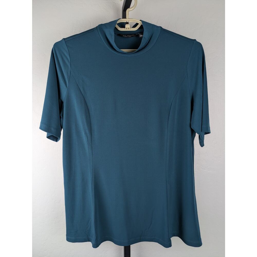 Susan Graver Every Day Mock Neck Short Sleeve shirt mallard green